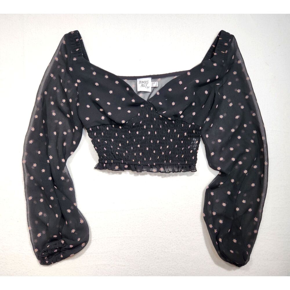 Princess Polly Womens Smocked Top XS Black Floral Puff Sleeve Cropped Milkmaid